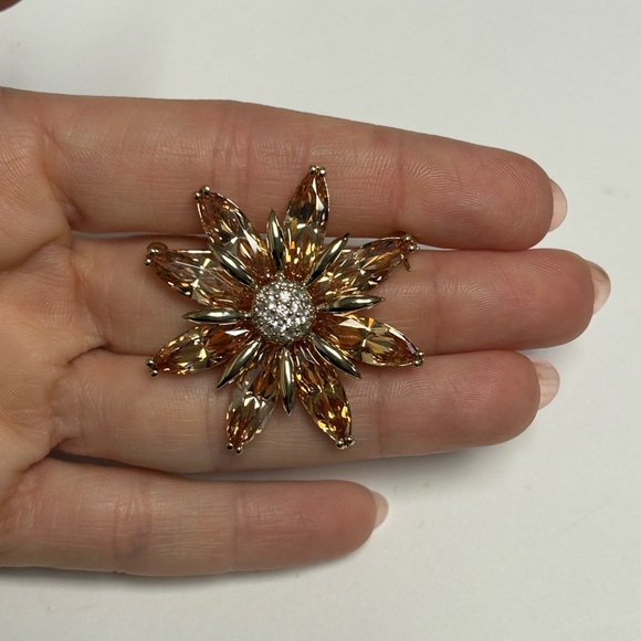 Suzy Levian Yellow Sterling Silver Orange White CZ Floral Large Brooch NWT - Picture 3 of 4
